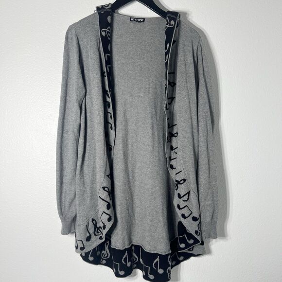 Hot Topic Cardigan Womens M Gray Music Notes Border Hooded Open Front Sweater - Picture 1 of 10